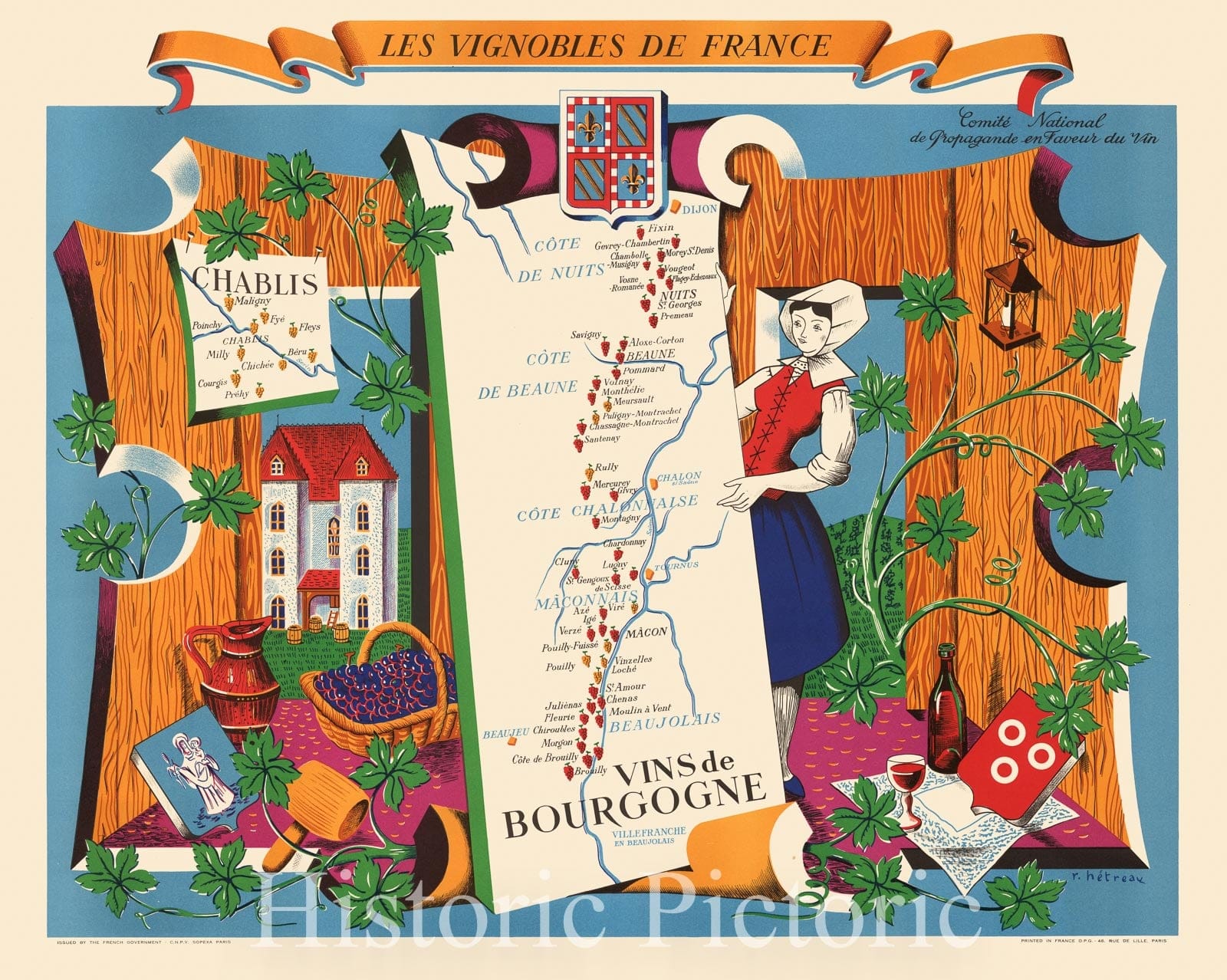 Historic Map - Les Vignobles De France - Vins de Bourgogne/The Vineyards of France, 1954 - Vintage Wall Art