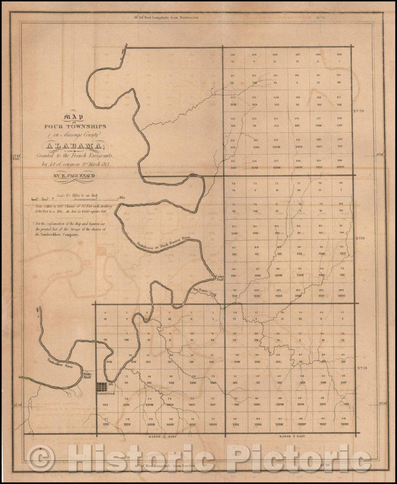 Historic Map - Map of Four Townships in Marengo County Alabama; Granted to French Emigrants, 1817, E. Paguenaud v1