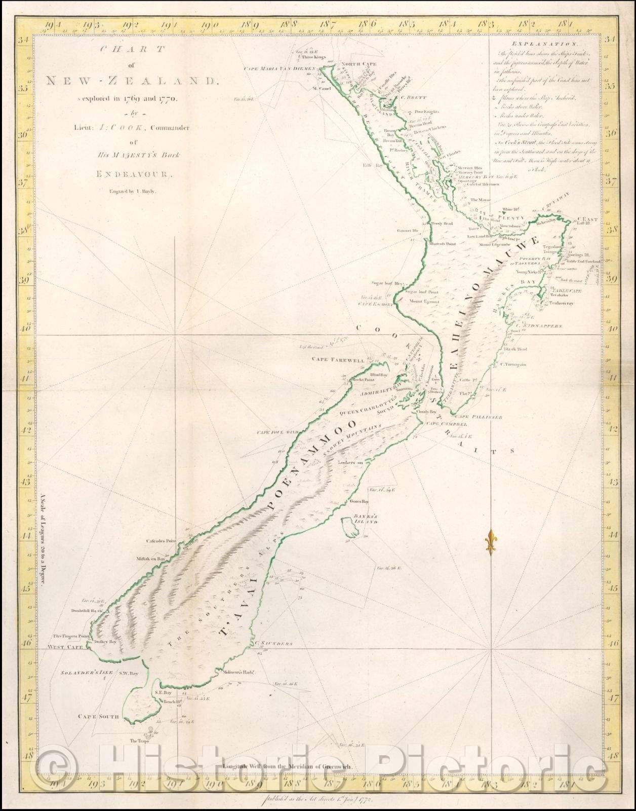 Historic Map - Chart of New-Zealand, explored in 1769 and 1770, 1773, James Cook v2
