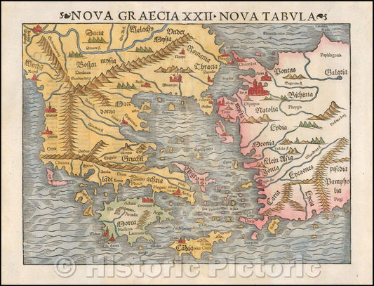 Historic Map - Nova Graecia XXII Nova Tabula, 1545, Sebastian M?nster - Vintage Wall Art