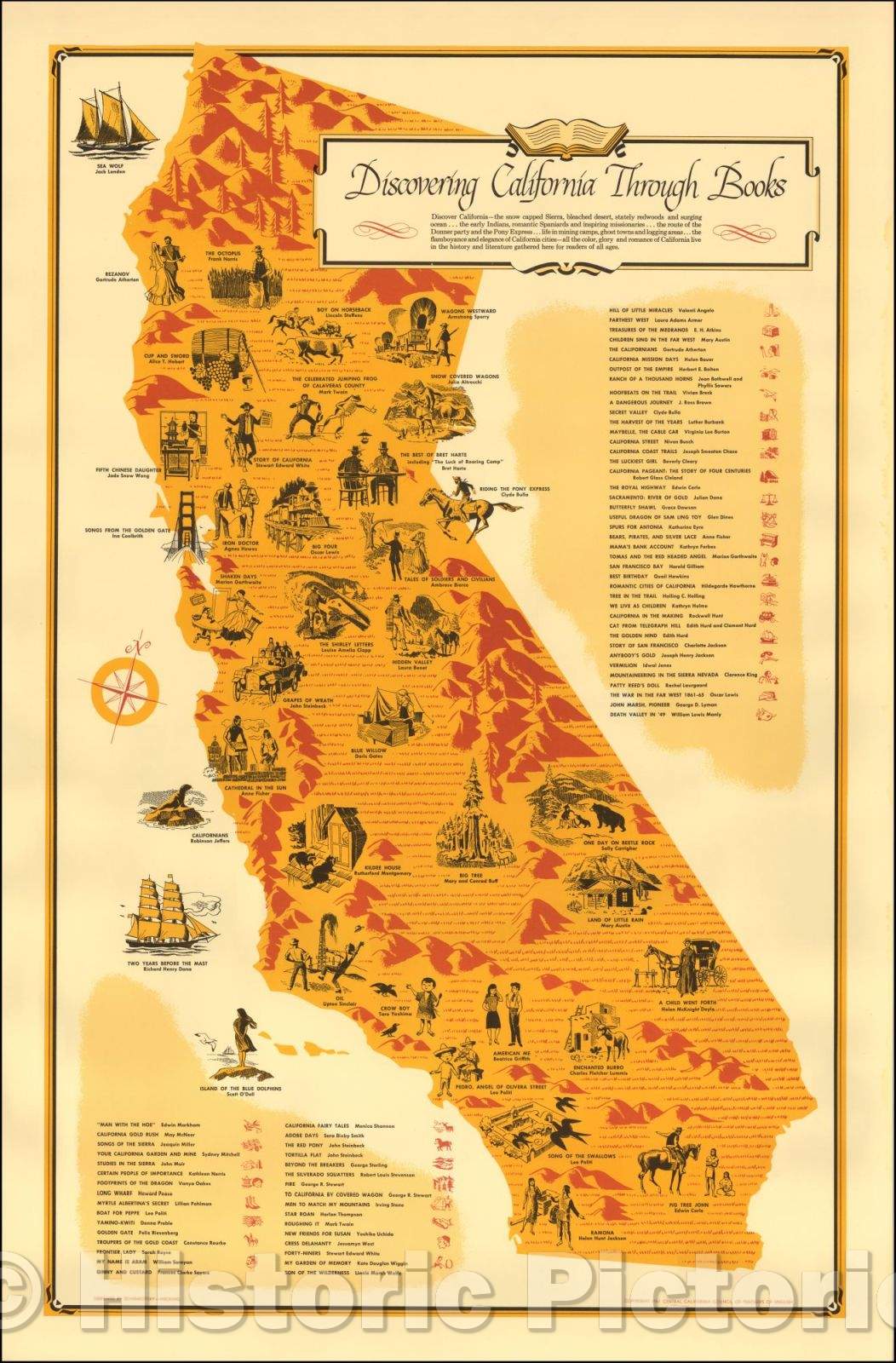 Historic Map - Discovering California Through Books, 1961, Schenkofsky-Hecking - Vintage Wall Art