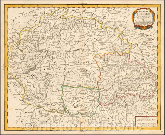 Historic Map - Royaume d'Hongrie Principaute de Transilvanie et Banat de Temeswar/Map of Hungary, published in Paris by Pierre Bourgoin, 1743, - Vintage Wall Art