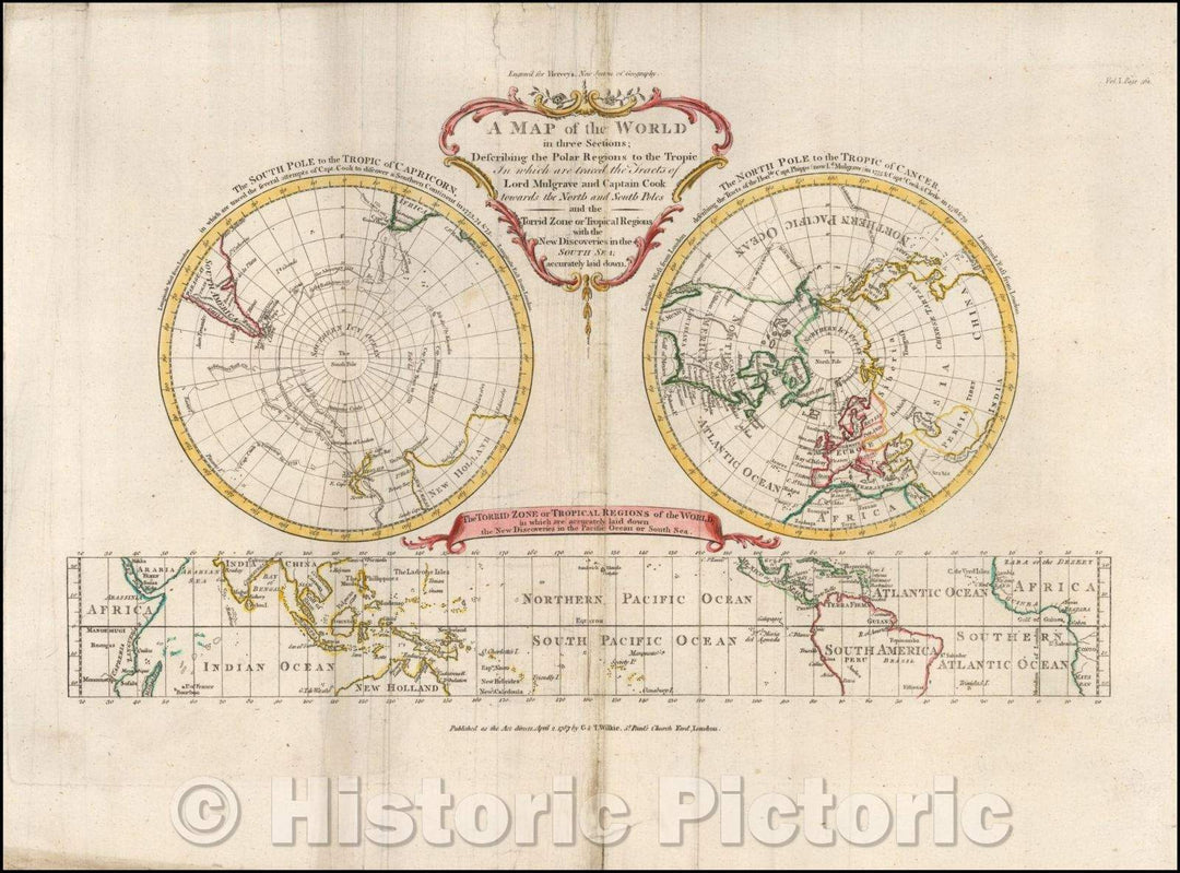 Historic Map - World in Three Sections; Describing the Polar Regions to the Tropics In which are traced the Tracts of Lord Mulgrave and Captain Cook Tow, 1787 - Vintage Wall Art