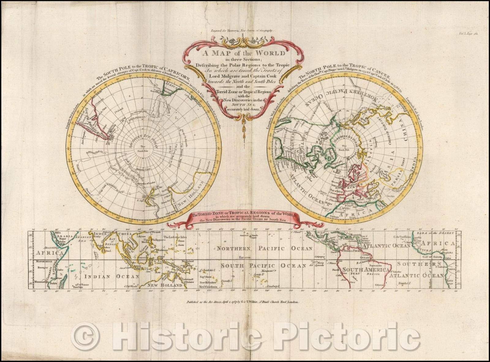 Historic Map - World in Three Sections; Describing the Polar Regions to the Tropics In which are traced the Tracts of Lord Mulgrave and Captain Cook Tow, 1787 - Vintage Wall Art