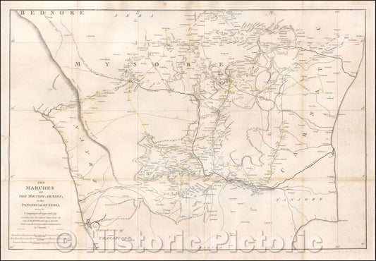 Historic Map - The Marches of the British Armies, in the Peninsula of India during the Campaign of 1790 and 1791, 1792, James Rennell - Vintage Wall Art