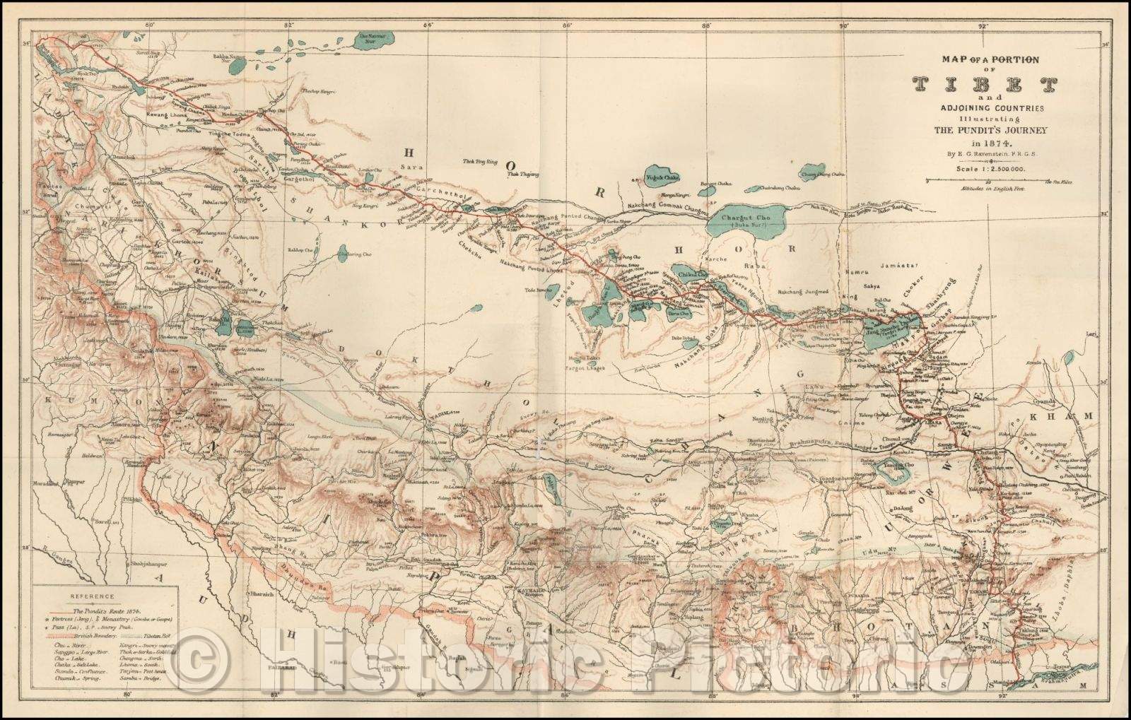 Historic Map - Map of a Portion of Tibet and Adjoining Countries Illustrating Countries The Pundit's Journey in, 1876, - Vintage Wall Art
