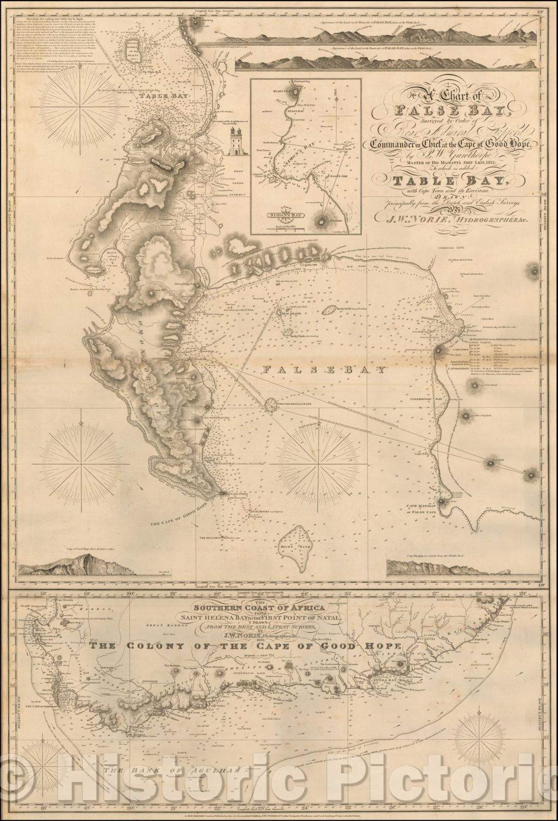Historic Map - A Chart of False Bay Surveyed, 1832, John William Norie - Vintage Wall Art