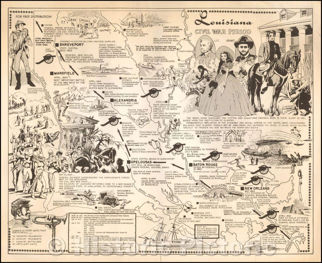 Historic Map - Louisiana Civil War Period, 1970, Louisiana Department of Highways - Vintage Wall Art