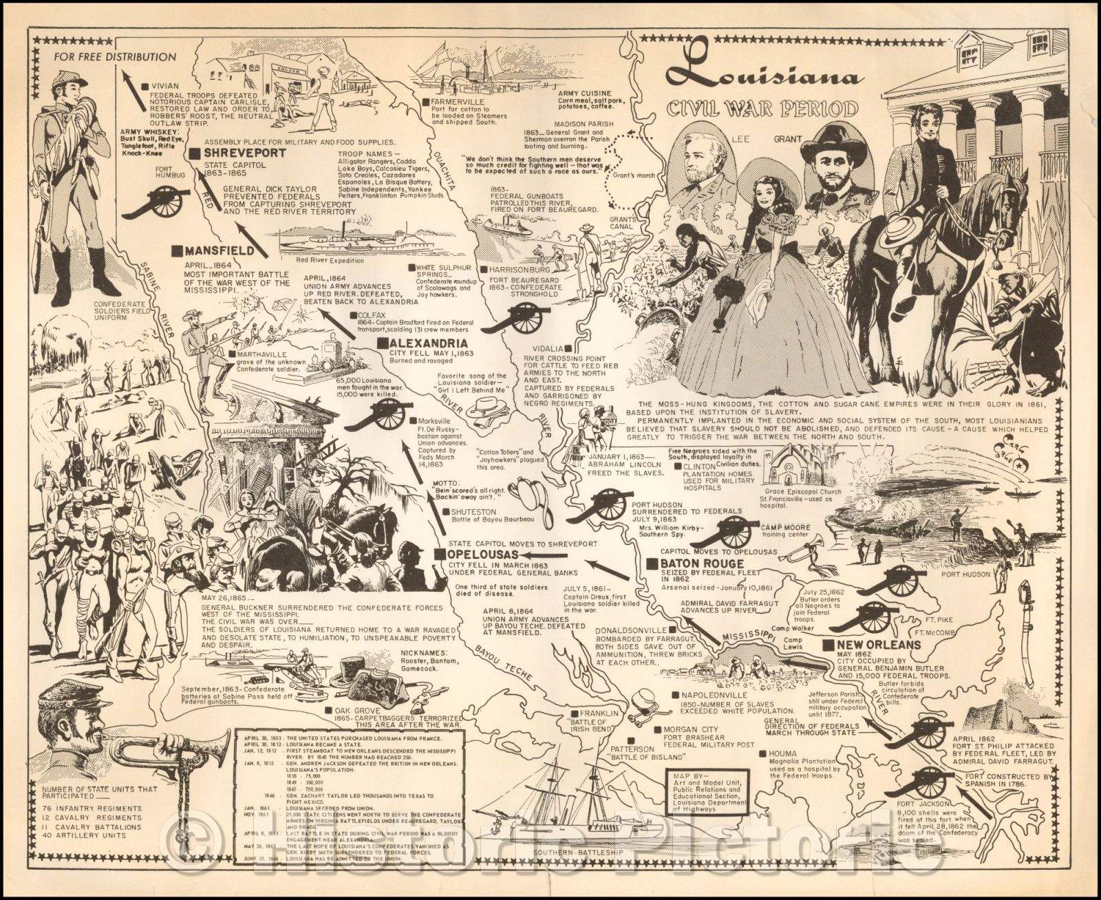 Historic Map - Louisiana Civil War Period, 1970, Louisiana Department of Highways - Vintage Wall Art