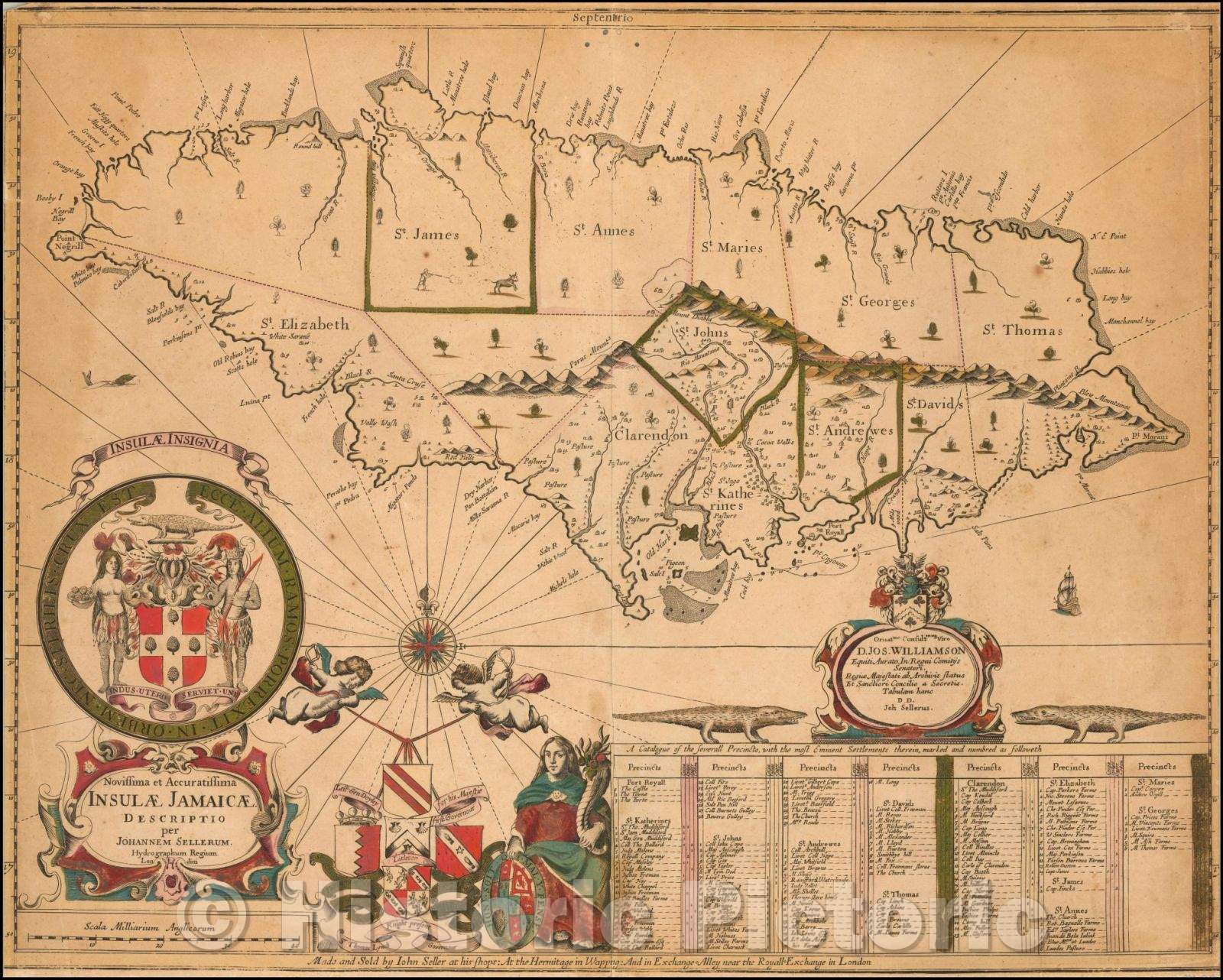 Historic Map - Novissima et Accuratissima Insulae Jamaicae. Descriptio per Johannem Sellerum/English Map of Jamaica, 1672, John Seller - Vintage Wall Art