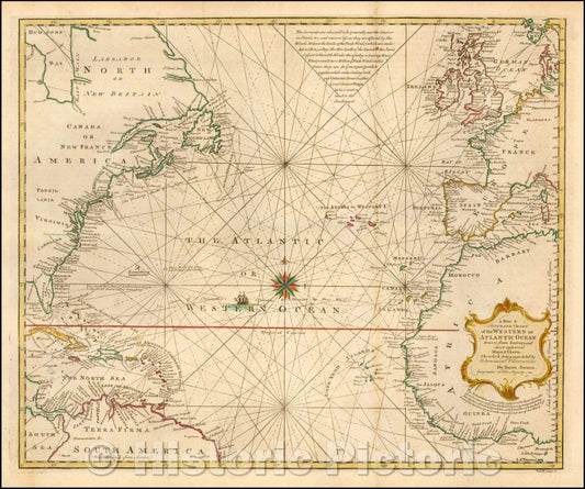 Historic Map - A New & Accurate Chart of the Western or Atlantic Ocean, 1744, Emanuel Bowen - Vintage Wall Art