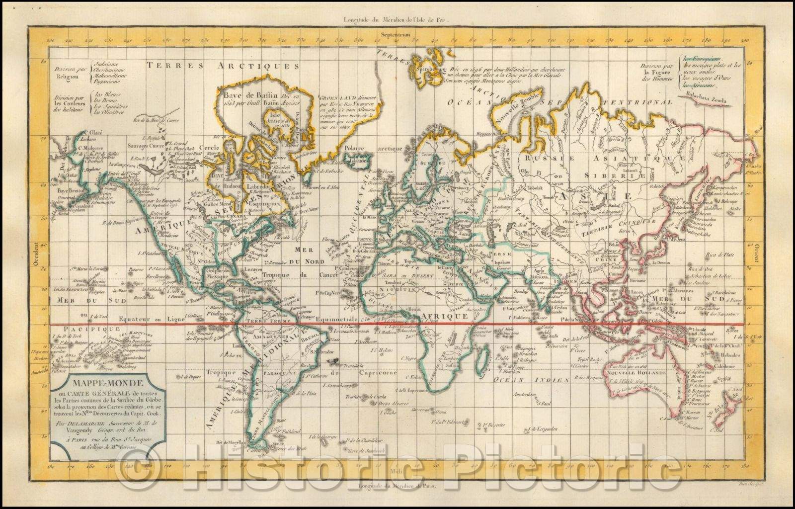 Historic Map - Mappe-Monde ou Carte Generale, de toutes les Parties connues de la Surface/Shows Discoveries Dating Back to Eric the Red in 982 AD, 1790 - Vintage Wall Art