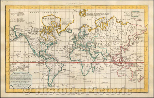 Historic Map - Mappe-Monde ou Carte Generale, de toutes les Parties connues de la Surface/Shows Discoveries Dating Back to Eric the Red in 982 AD, 1790 - Vintage Wall Art