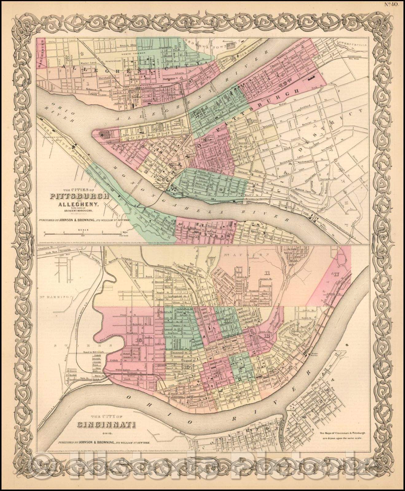 Historic Map - The Cities of Pittsburgh and Allegheny with Parts of Adjacent Boroughs [with] The City of Cincinnati Ohio, 1860, Joseph Hutchins Colton - Vintage Wall Art