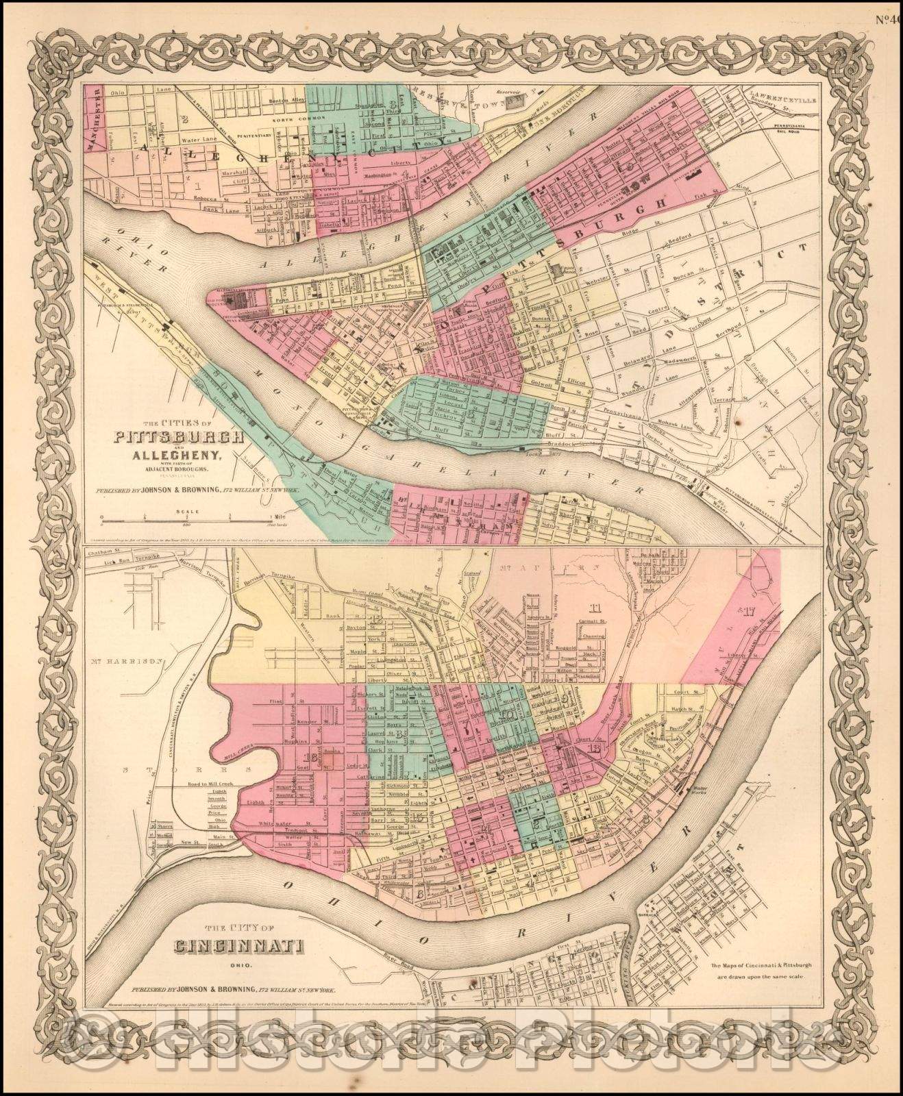 Historic Map - The Cities of Pittsburgh and Allegheny with Parts of Adjacent Boroughs [with] The City of Cincinnati Ohio, 1859, Joseph Hutchins Colton v2