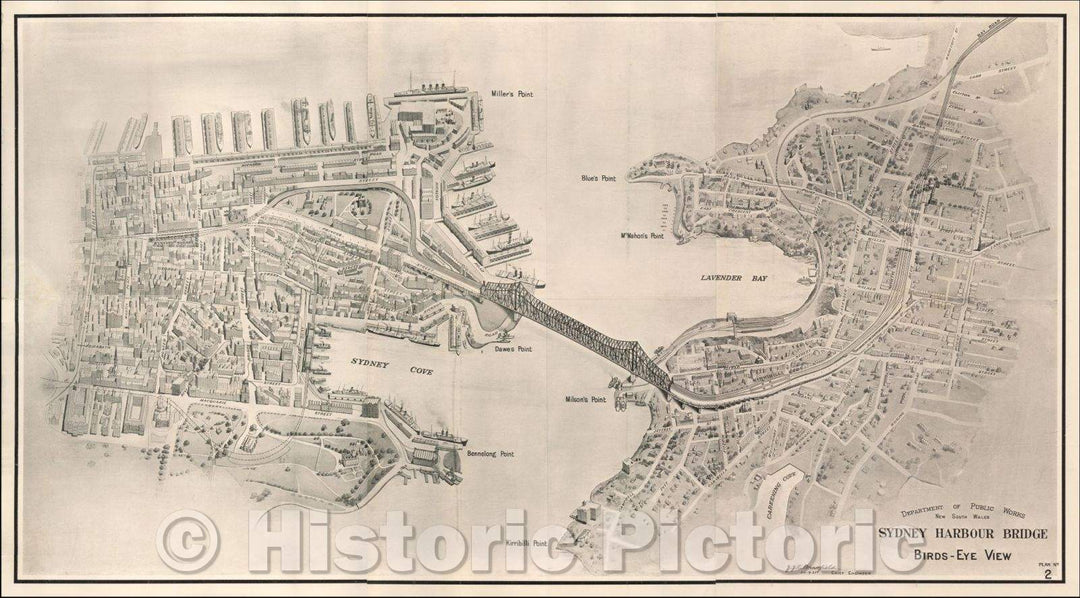 Historic Map - Sydney Harbour Bridge Birds-Eye View, 1921, J.J. C. Bradfield - Vintage Wall Art