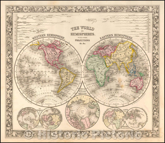 Historic Map - The World In Hemispheres. With Other Projections, 1861, Samuel Augustus Mitchell Jr. - Vintage Wall Art