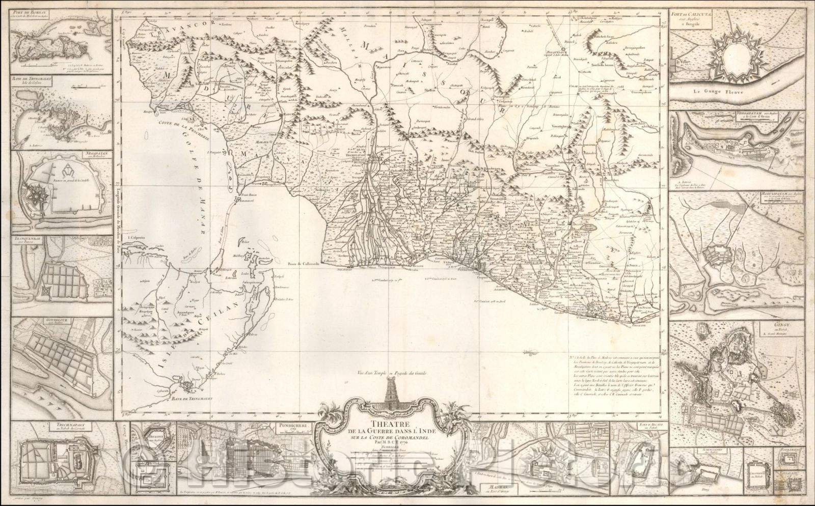 Historic Map - Theatre de la Guerre dans L'Inde sur la Coste de Coromandel par M. B. C. T. 1770 :: Theater of War in India on the Coromandel Coste, 1770 - Vintage Wall Art