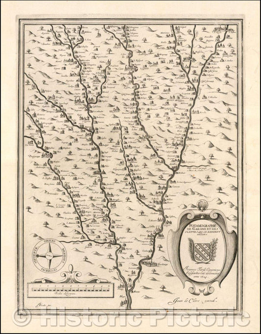 Historic Map - Potamographie de Garone et des Fleuves Qui Se Rendent :: Garonne Region, oriented with east at the top, Jean Le Clerc, in Paris, in 1628, 1628 - Vintage Wall Art