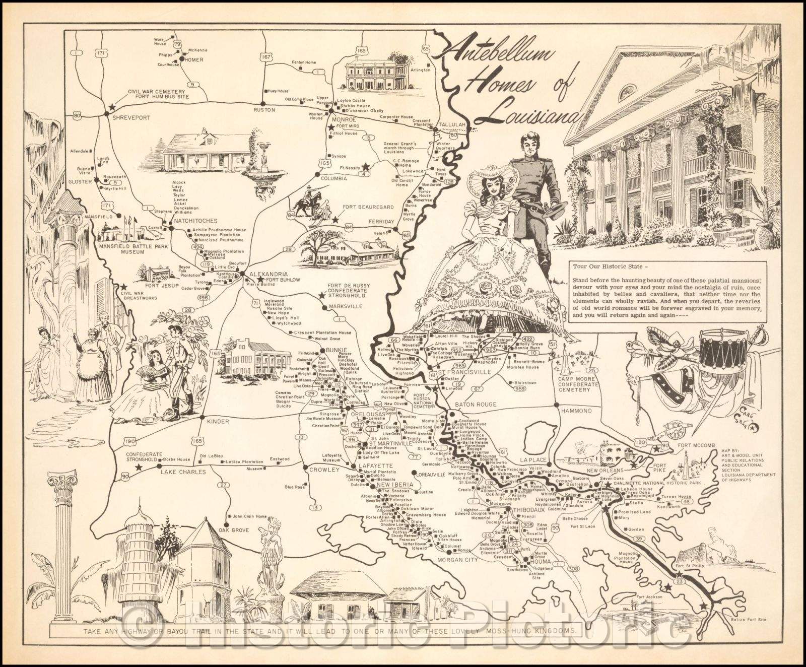Historic Map - Antebellum Homes of Louisiana, 1970, Louisiana Department of Highways - Vintage Wall Art