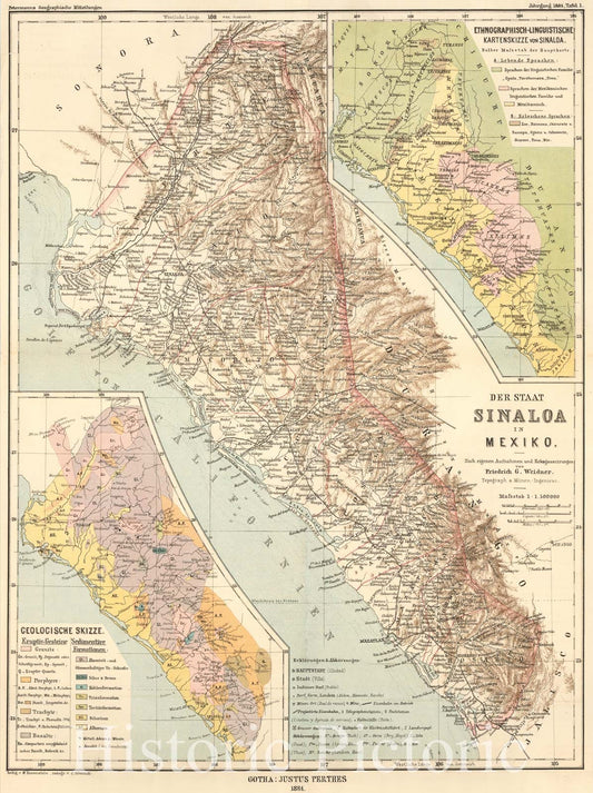 Historic Map - (Ethographic, Linguistic and Geographic of Sinaloa) Der Staat Sinaloa :: (Ethographic, Linguistic and Geographic of Sinaloa) The State of Sinalo, 1884 - Vintage Wall Art