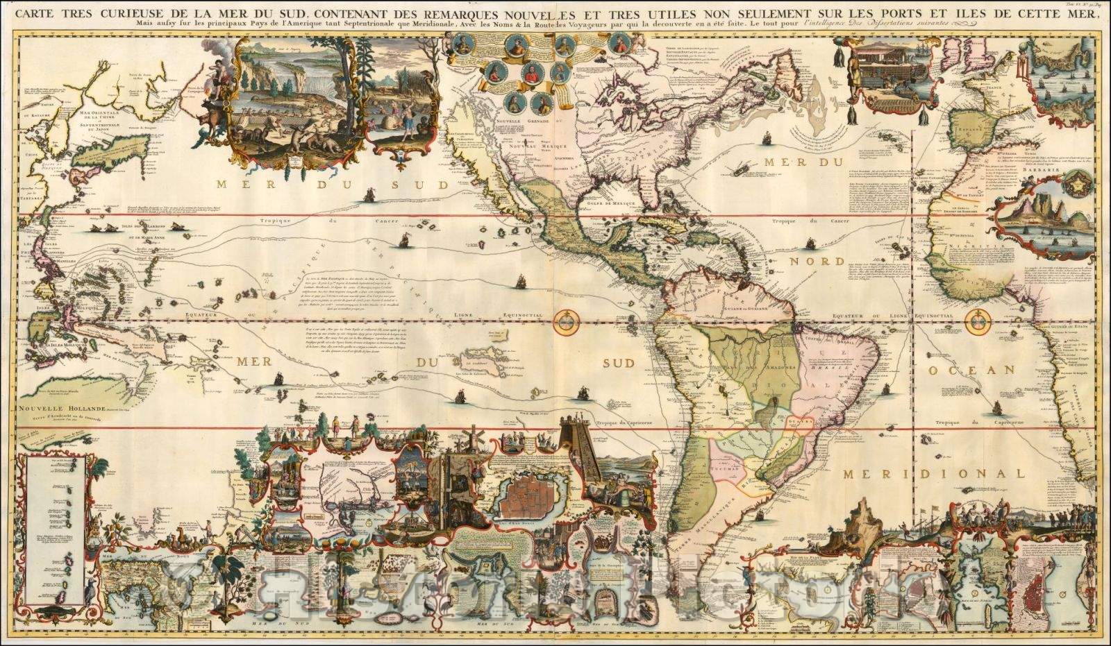 Historic Map - Carte Tres Curieuse De La Mer Du Sud Contenant Des Remarques Nouvelles Et Tres Utiles Non Seulement Sur Les Ports, 1719, Henri Chatelain - Vintage Wall Art