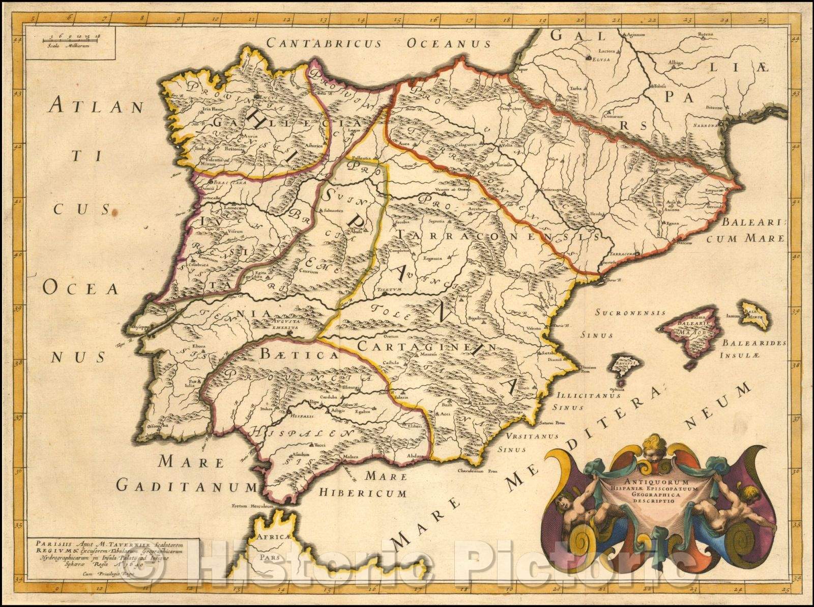 Historic Map - Antiquorum Hispaniae Episcopatuum Geographica Descriptio/Tavernier's Map of the Iberian Peninsula, 1640, Melchior Tavernier - Vintage Wall Art