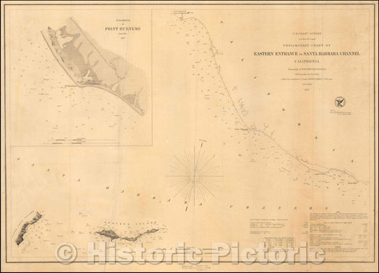 Historic Map - Preliminary Chart of Eastern Entrance of Santa Barbara Channel, 1857, United States Coast Survey - Vintage Wall Art