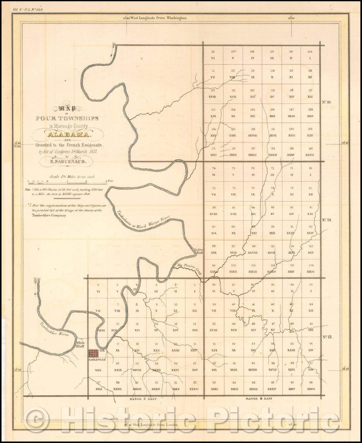 Historic Map - Map of Four Townships in Marengo County Alabama; Granted to French Emigrants, 1817, E. Paguenaud v2