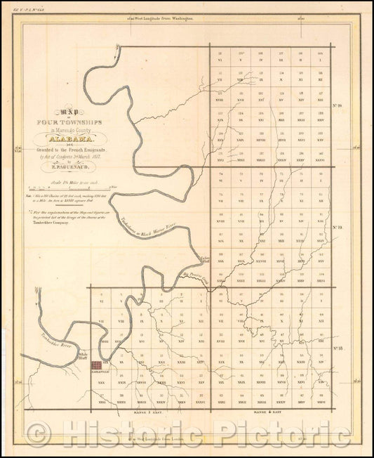 Historic Map - Map of Four Townships in Marengo County Alabama; Granted to French Emigrants, 1817, E. Paguenaud v2