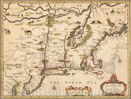 Historic Map - A Map of New England and New York, 1676, John Speed - Vintage Wall Art