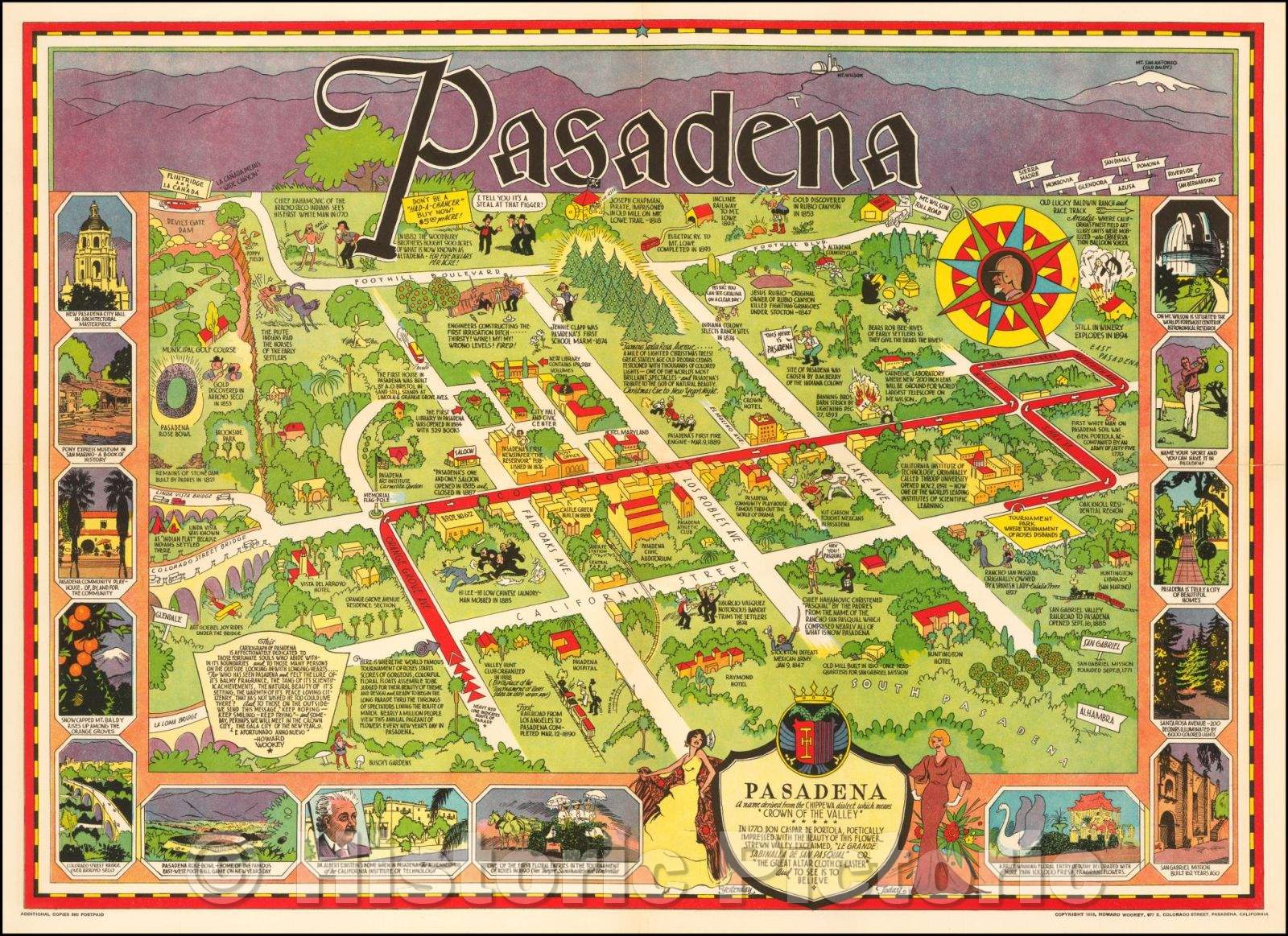 Historic Map - Pasadena A name derived from the Chippewa dialect which means, 1933, Howard Wookey - Vintage Wall Art