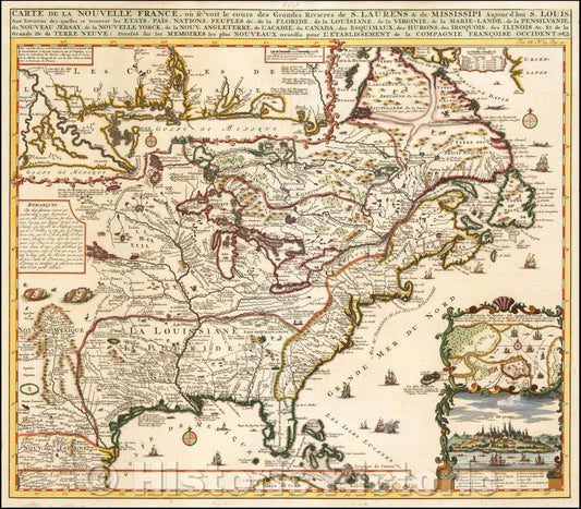 Historic Map - Carte De La Nouvelle France, ou se voit le cours des Grandes Rivieres de. S. Laurens & de Mississipi, 1719, Henri Chatelain v1