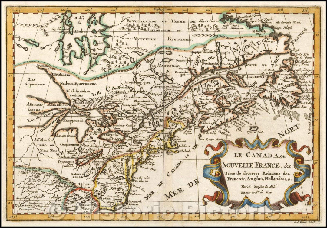 Historic Map - Le Canada ou Nouvelle France &c. Tiree de diverses Relations des Francois, Anglois, Hollandois &c, 1657, Nicolas Sanson - Vintage Wall Art