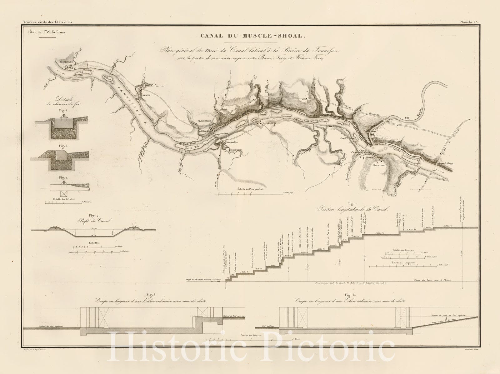 Historic Map - Canal du Muscle-Shoal. Plan general du trace du Canal lateral a la Riviere du Tennessee/Survey of Muscle Shoals By William Tell Poussin, 1834 - Vintage Wall Art