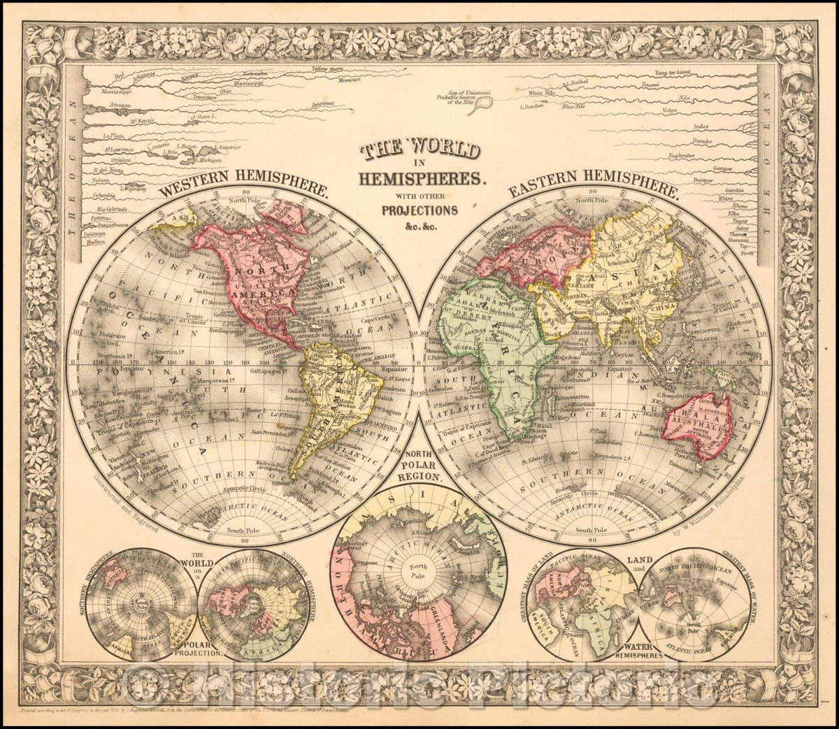 Historic Map - The World In Hemispheres. With Other Projections, 1864, Samuel Augustus Mitchell Jr. - Vintage Wall Art