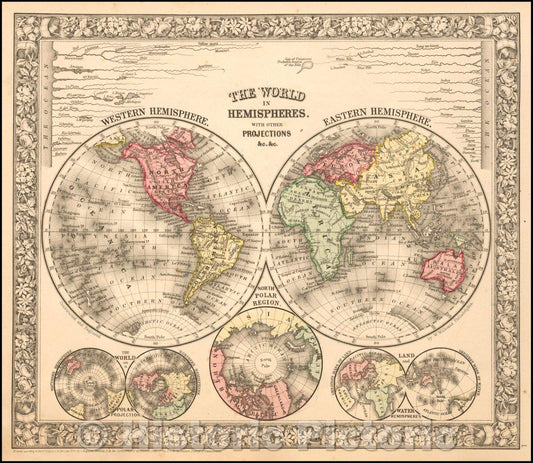Historic Map - The World In Hemispheres. With Other Projections, 1864, Samuel Augustus Mitchell Jr. - Vintage Wall Art
