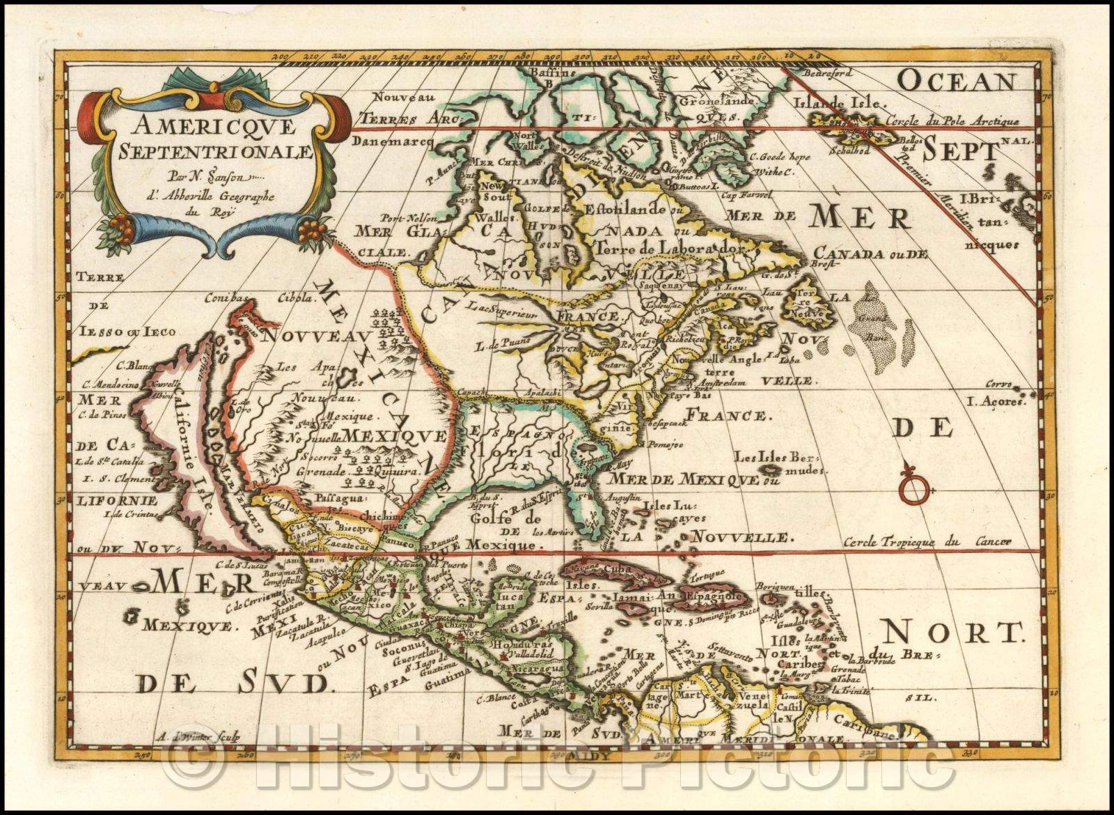 Historic Map - Americque Septentrionale Par N.Sanson/Sanson's Map of North America, showing California as an island, 1683, Nicolas Sanson - Vintage Wall Art