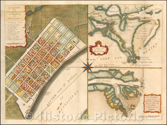 Historic Map - Grondvlakte van Nieuw Orleans, de Hoofdstad van Louisiana with De Uitloop vande Rivier Missisippi and De Oostelyke ingang van de Missisippi, 1769 v3