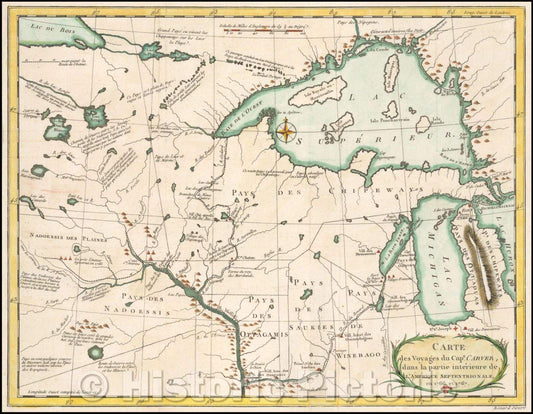Historic Map - Carte des Voyages du Cape. Carver, dans la partie interieure de L'Amerique Septentrionale/Jonathan Carver's Map of the Upper Midwest, 1784 - Vintage Wall Art