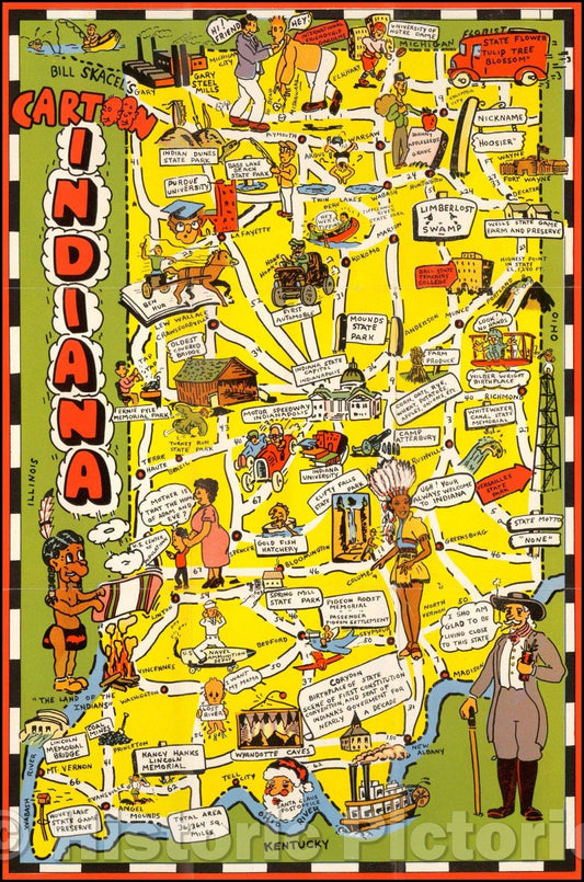 Historic Map - Bill Skacel's Cartoon Indiana, 1946, Bill Skacel - Vintage Wall Art