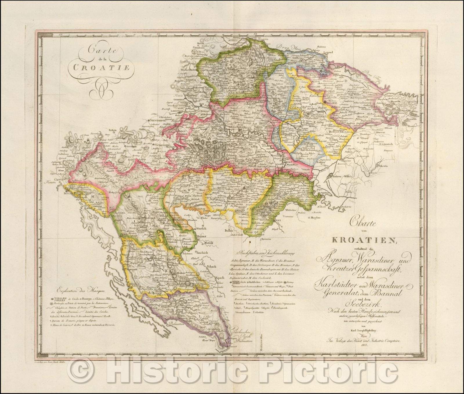 Historic Map - Charte von Kroatien: enthaltend die Agramer, Warasdiner und Kreutzer Gefpa, 1803 - Vintage Wall Art