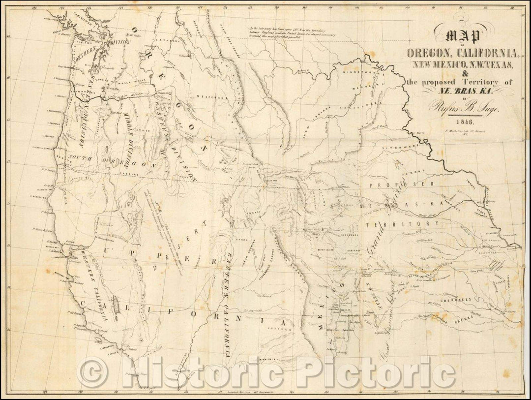 Historic Map - Map of Oregon, California, New Mexico, N.W. Texas & the proposed Territory of Ne-bras-ka, 1846, Rufus Sage - Vintage Wall Art