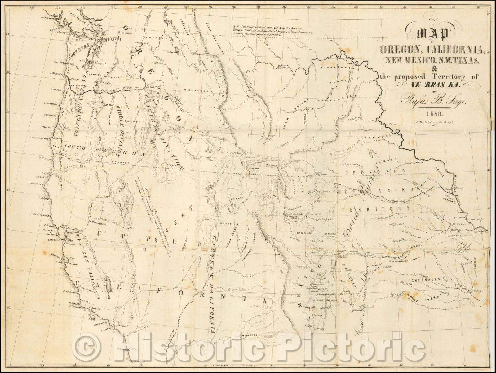 Historic Map - Map of Oregon, California, New Mexico, N.W. Texas & the proposed Territory of Ne-bras-ka, 1846, Rufus Sage - Vintage Wall Art