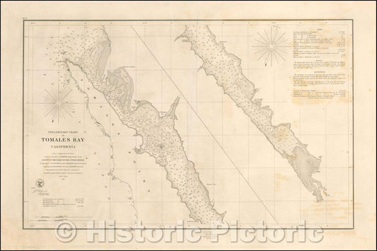 Historic Map - Preliminary Chart of Tomales Bay California, 1861, United States Coast Survey - Vintage Wall Art