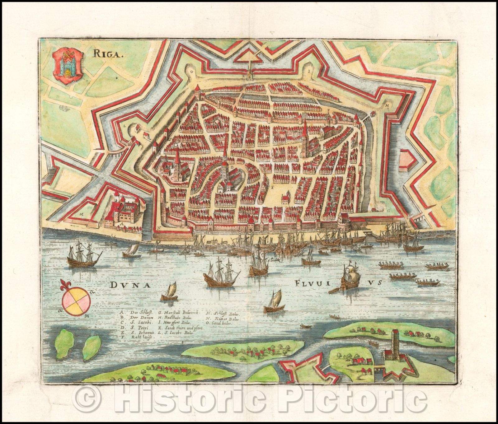 Historic Map - Riga, on the east coast of the Baltic Sea, the capital of Latvia, 1650, Matheus Merian v2