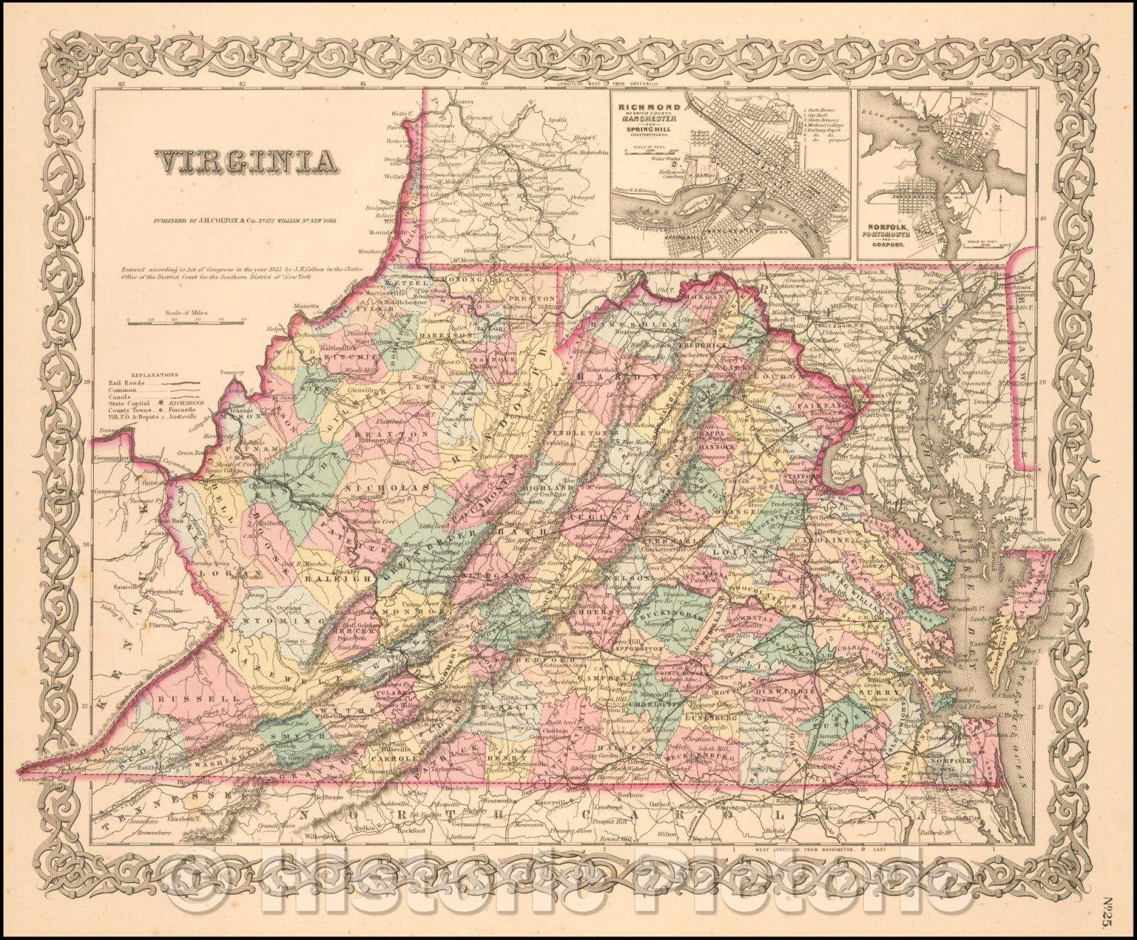 Historic Map - Virginia, 1856, Joseph Hutchins Colton - Vintage Wall Art