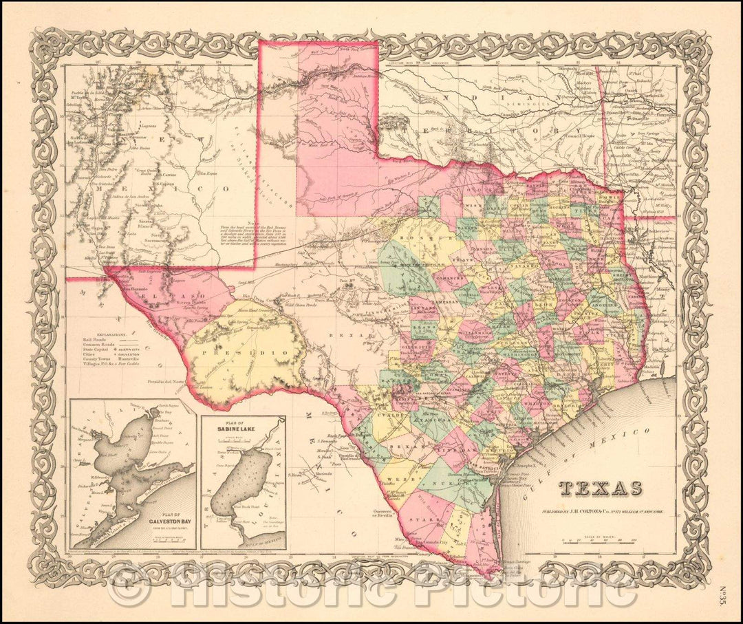Historic Map - Texas, 1855, Joseph Hutchins Colton - Vintage Wall Art
