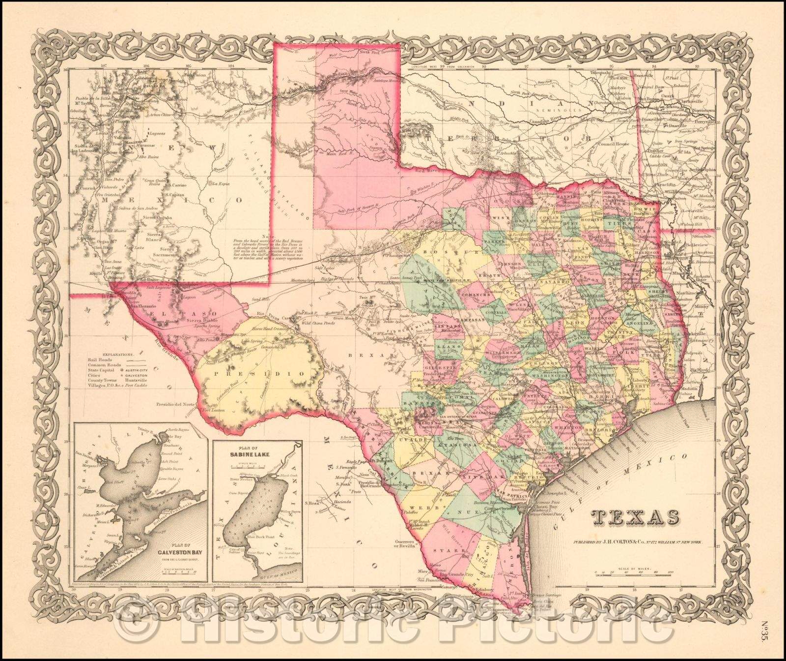 Historic Map - Texas, 1855, Joseph Hutchins Colton - Vintage Wall Art