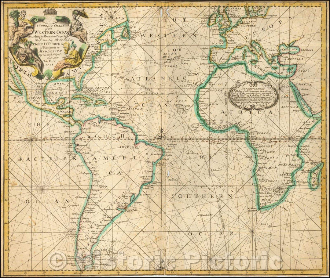 Historic Map - A Correct Chart of the Western Ocean according to Mercator's Projection, 1728, Charles Price - Vintage Wall Art
